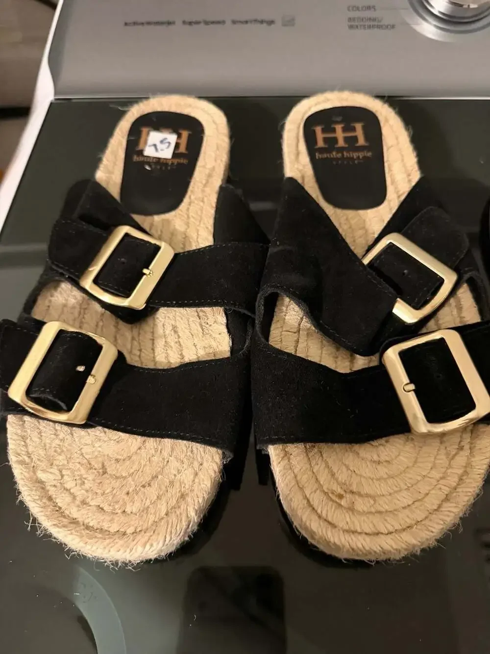 Haute Hippie Black Suede Double Buckle Espadrille Slide Sandals
